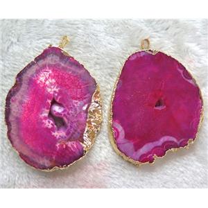 Agate druzy slice pendant, freeform, hotpink, gold plated, approx 30-80mm [GMPDA4509]