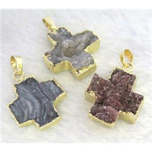 solar Agate Druzy cross pendant, gold plated, approx 25x25mm [GMPDA4561]