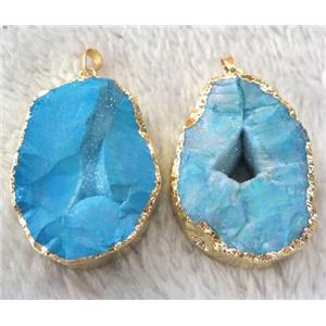 Druzy Agate pendant, blue AB-color, freeform, rough, gold plated, approx 30-60mm [GMPDA4563]