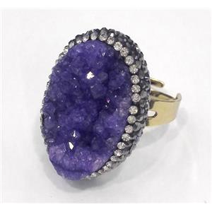 purple druzy quartz ring paved rhinestone, copper, gold plated, approx 20-25mm, 20mm dia [GMPDA4573]