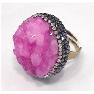 pink druzy quartz ring paved rhinestone, copper, gold plated, approx 20-25mm, 20mm dia [GMPDA4575]