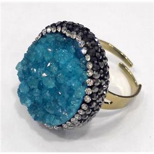 aqua druzy quartz ring paved rhinestone, copper, gold plated, approx 20-25mm, 20mm dia [GMPDA4577]
