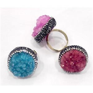 druzy quartz ring paved rhinestone, copper, gold plated, mix color, approx 20-25mm, 20mm dia [GMPDA4578]