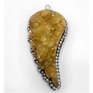 golden druzy quartz pendant paved rhinestone, wing, approx 25-50mm [GMPDA4585]
