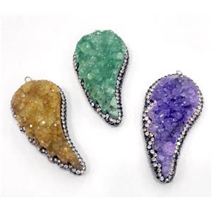 druzy quartz pendant paved rhinestone, wing, mix color, approx 25-50mm [GMPDA4588]