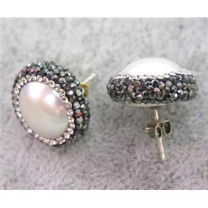 white pearl sterling silver earring studs paved rhinestone, approx 15-18mm [GMPDA4654]
