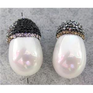 white pearl shell teardrop beads paved rhinestone, approx 20-30mm [GMPDA4676]