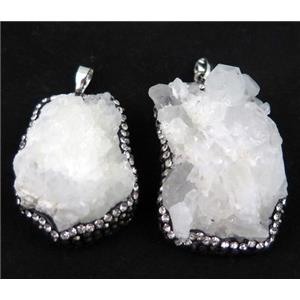 white druzy quartz pendant paved rhinestone, freeform, approx 25-45mm [GMPDA4736]