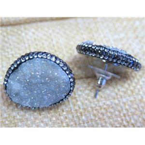 druzy agate earring studs, white AB-color, copper, platinum plated, approx 15-20mm [GMPDA4820]