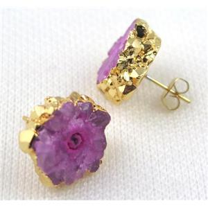 hotpink Solar Quartz druzy earring studs, copper, gold plated, approx 15-20mm [GMPDA4822]