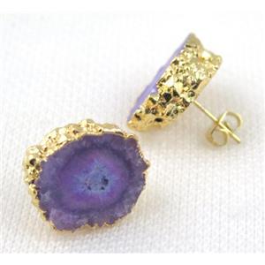 purple Solar Quartz druzy earring studs, copper, gold plated, approx 15-20mm [GMPDA4825]