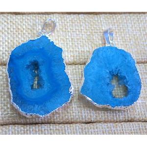 blue druzy agate slice pendant, freeform, silver plated, approx 20-40mm [GMPDA4828]