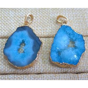blue druzy agate slice pendant, freeform, gold plated, approx 20-40mm [GMPDA4832]