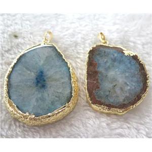 blue druzy agate slice pendant, freeform, gold plated, approx 20-50mm [GMPDA4850]