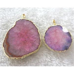 pink druzy agate slice pendant, freeform, gold plated, approx 20-60mm [GMPDA4851]