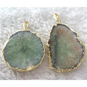 green druzy agate slice pendant, freeform, gold plated, approx 20-60mm [GMPDA4852]