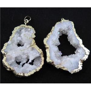 druzy agate slice pendant, white AB-color, freeform, gold plated, approx 20-60mm [GMPDA4925]