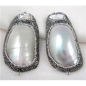 white Pearl shell connector paved rhinestone, freeform, approx 30-70mm [GMPDA4939]