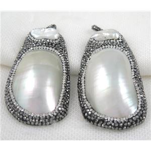 white Pearl shell pendant paved rhinestone, freeform, approx 30-70mm [GMPDA4940]