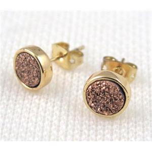 chocolate agate druzy earring stud, copper, gold plated, approx 8mm, 16mm length [GMPDA4951]