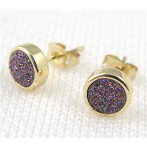 rainbow agate druzy earring stud, copper, gold plated, approx 8mm, 16mm length [GMPDA4952]