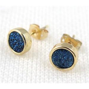 blue agate druzy earring stud, copper, gold plated, approx 8mm, 16mm length [GMPDA4953]