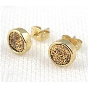 golden druzy agate earring studs, copper, gold plated, approx 8mm, 16mm length [GMPDA4955]