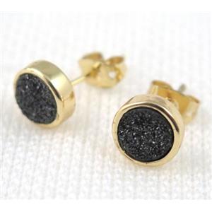 black druzy agate earring stud, copper, gold plated, approx 8mm, 16mm length [GMPDA4956]