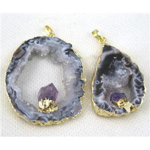 Agate Druzy slice pendant with amethyst, freeform, gold plated, approx 20-40mm [GMPDA4998]