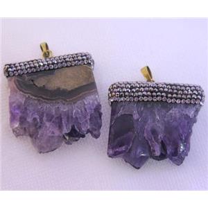 amethyst druzy slice pendant pave rhinestone, freeform, approx 20-45mm [GMPDA5002]
