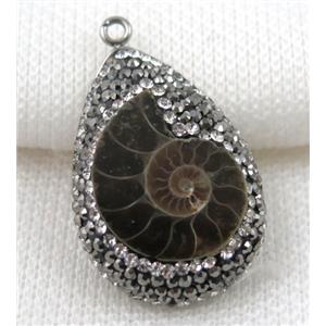 Ammonite Fossil pendant paved rhinestone, teardrop, approx 20-30mm [GMPDA5224]
