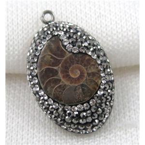 Ammonite Fossil pendant paved rhinestone, oval, approx 20-30mm [GMPDA5225]