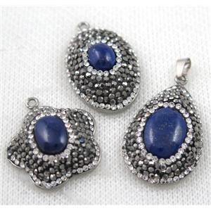 Lapis Lazuli pendant paved rhinestone, mix shape, approx 20-30mm [GMPDA5235]