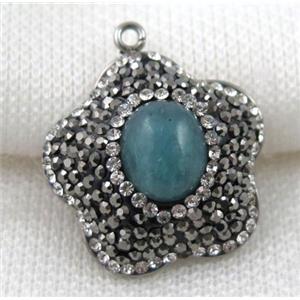 Amazonite pendant paved rhinestone, plum blossom, approx 25mm dia [GMPDA5240]