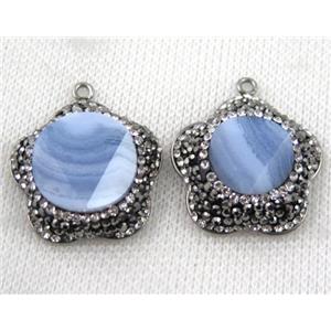 blue lace agate pendant paved rhinestone, plum blossom, approx 25mm [GMPDA5249]