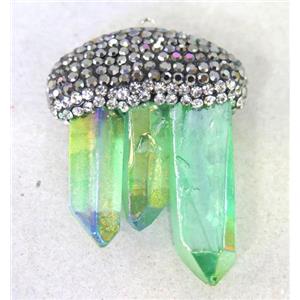 crystal quartz stick pendant paved rhinestone, green, approx 12-40mm [GMPDA5250]