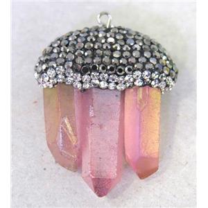 Crystal Quartz stick pendant paved rhinestone, pink, approx 12-40mm [GMPDA5251]