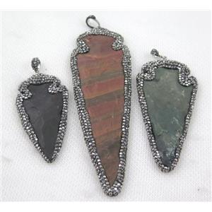 mix hammered Rock Agate arrowhead pendant paved rhinestone, approx 20-45mm [GMPDA5259-S]