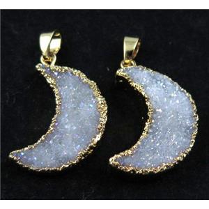 Druzy Quartz pendant, white AB-color, crescent moon shape, gold plated, approx 12-25mm [GMPDA5313]