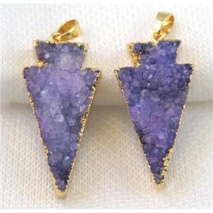 purple druzy quartz pendant, arrowhead, gold plated, approx 18-35mm [GMPDA5314]