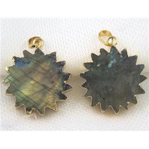 Labradorite sunflower pendant, gold plated, approx 30mm dia [GMPDA5337]