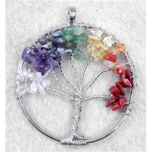 Gemstone Chips Chakra Pendant Tree Of Life Wire Wrapped Platinum Plated, approx 45mm dia [GMPDA5382]