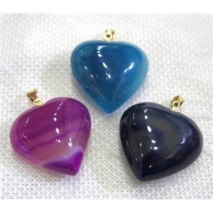 agate pendant, mix color, heart, gold plated, approx 25mm dia [GMPDA5502]