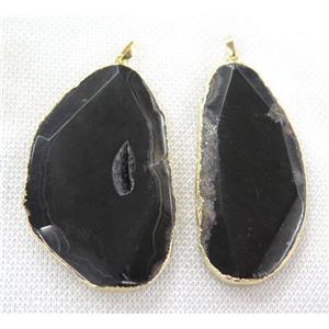 black agate slice pendant, faceted freeform, gold plated, approx 25-70mm [GMPDA5509]