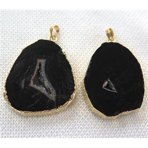 black agate slice pendant with geode, flat freeform, gold plated, approx 20-35mm [GMPDA5510]