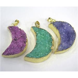 quartz druzy moon pendant, mix color, gold plated, approx 25-35mm [GMPDA5578]