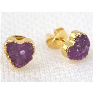 hotpink agate druzy heart earring stud, copper, gold plated, approx 8mm [GMPDA5606]