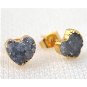 agate druzy heart earring stud, natural color, copper, gold plated, approx 8mm [GMPDA5608]