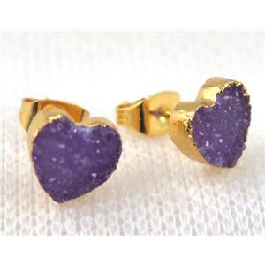 purple agate druzy heart earring stud, copper, gold plated, approx 8mm [GMPDA5609]