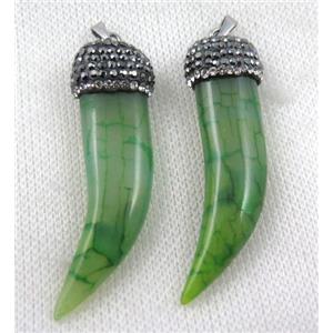 agate horn pendant pave rhinestone, green, approx 12-45mm [GMPDA5639]